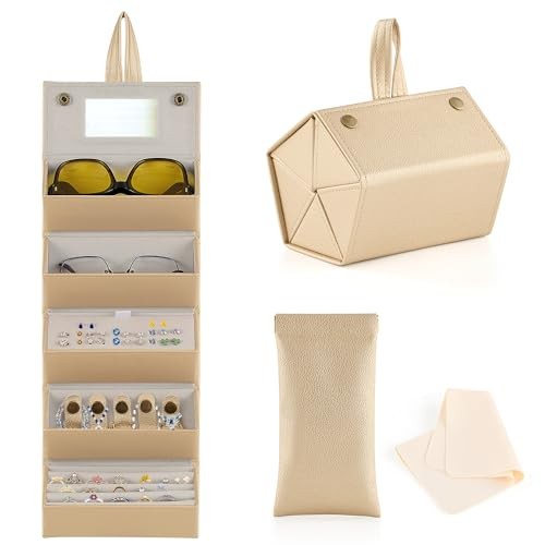 5-Slot Sunglasses Organizer, Folding Glasses Jewelry Storage Case with Gold