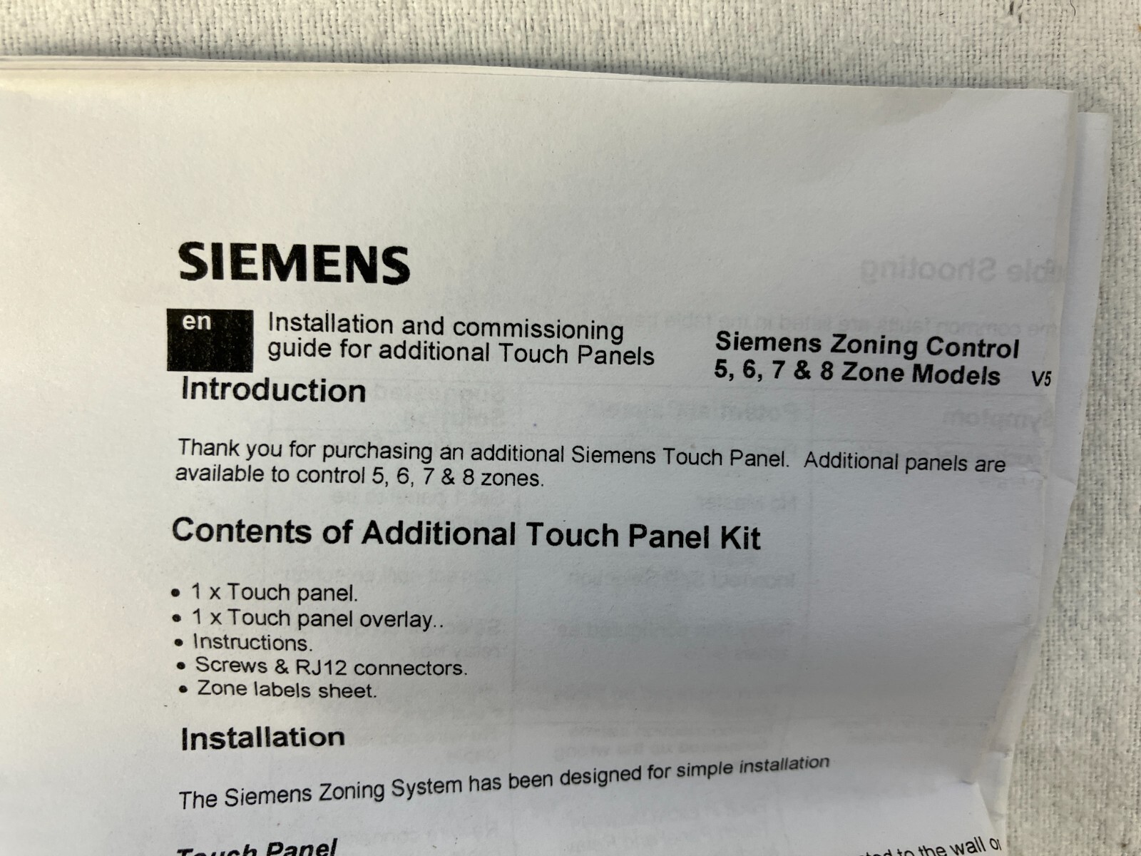 Siemens SEM12136 Touch Panel - Additional 6 Zone - 12429-1217410 - Unused