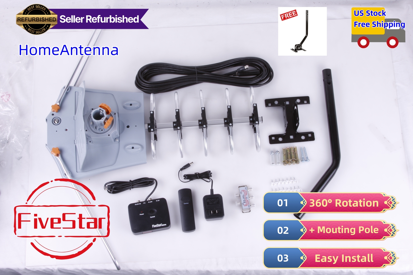 HDTV Outdoor Antenna Amplified 360 Rotation Digital HD 4K 1080P w Pole