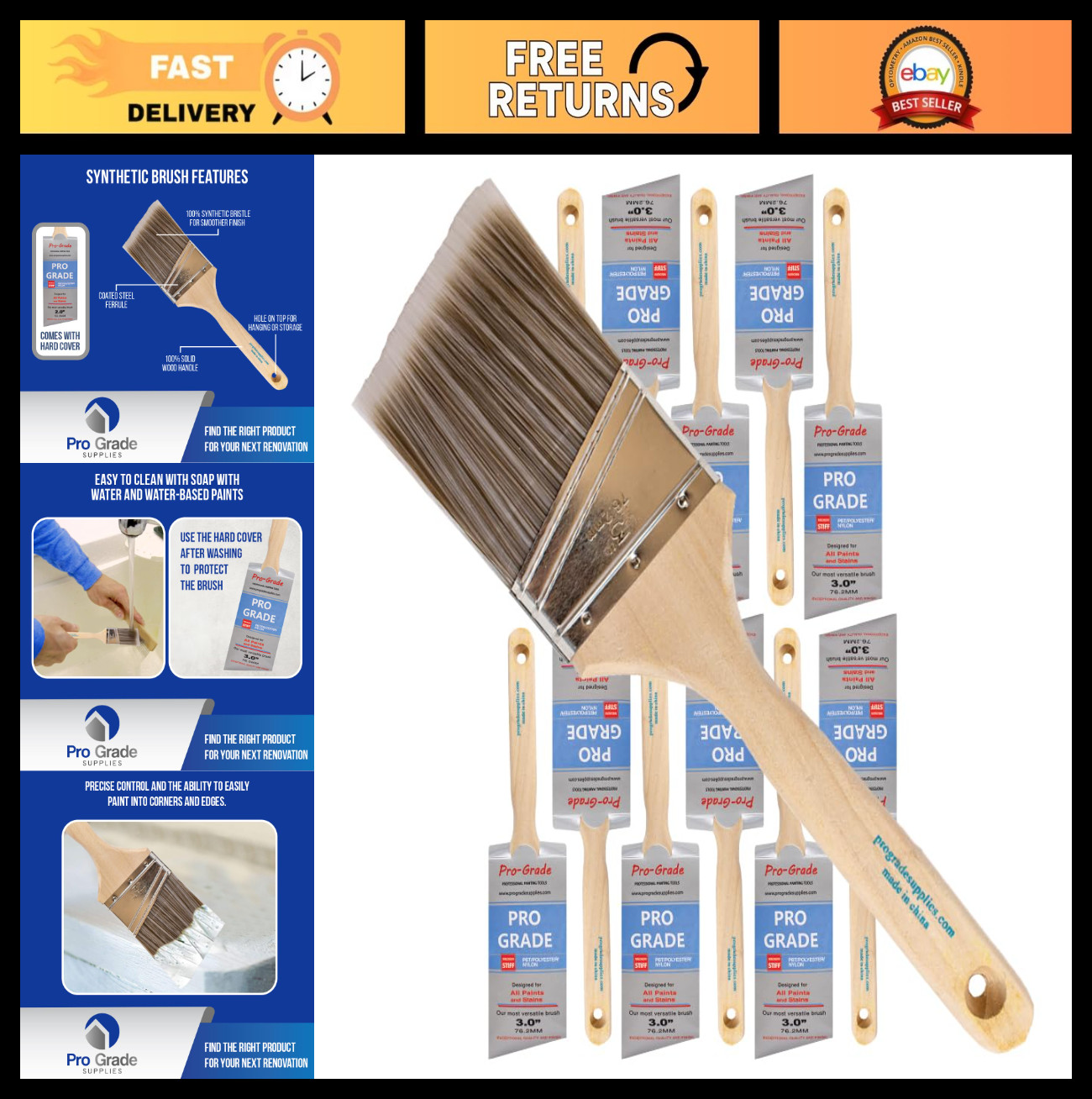 12 Pack 3 Inch Angle Paint Brushes for Walls & Trim | Sash, Cut-In, Detail Work