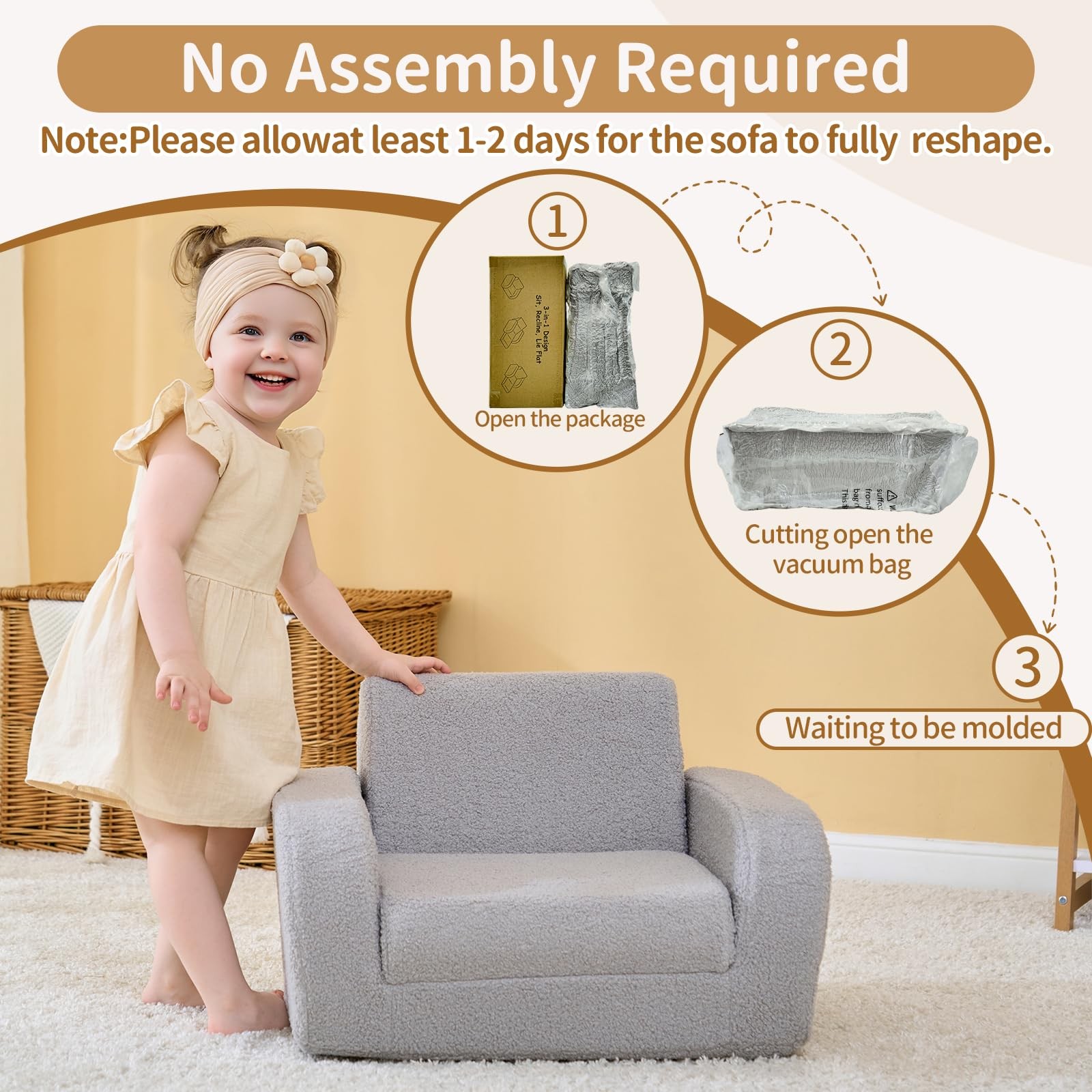3-in-1 Toddler Couch, Toddler Chairs Comfy 1-3 Years Old, Kids Couch Bed Fold...