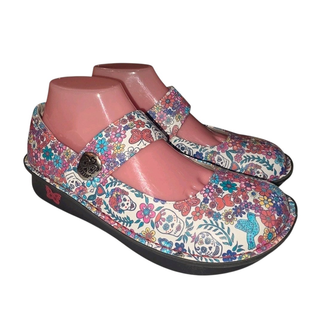ALEGRIA PALOMA OFRENDA Sz 9US White AOP Sugar Skulls Mary Jane Casual Loafers
