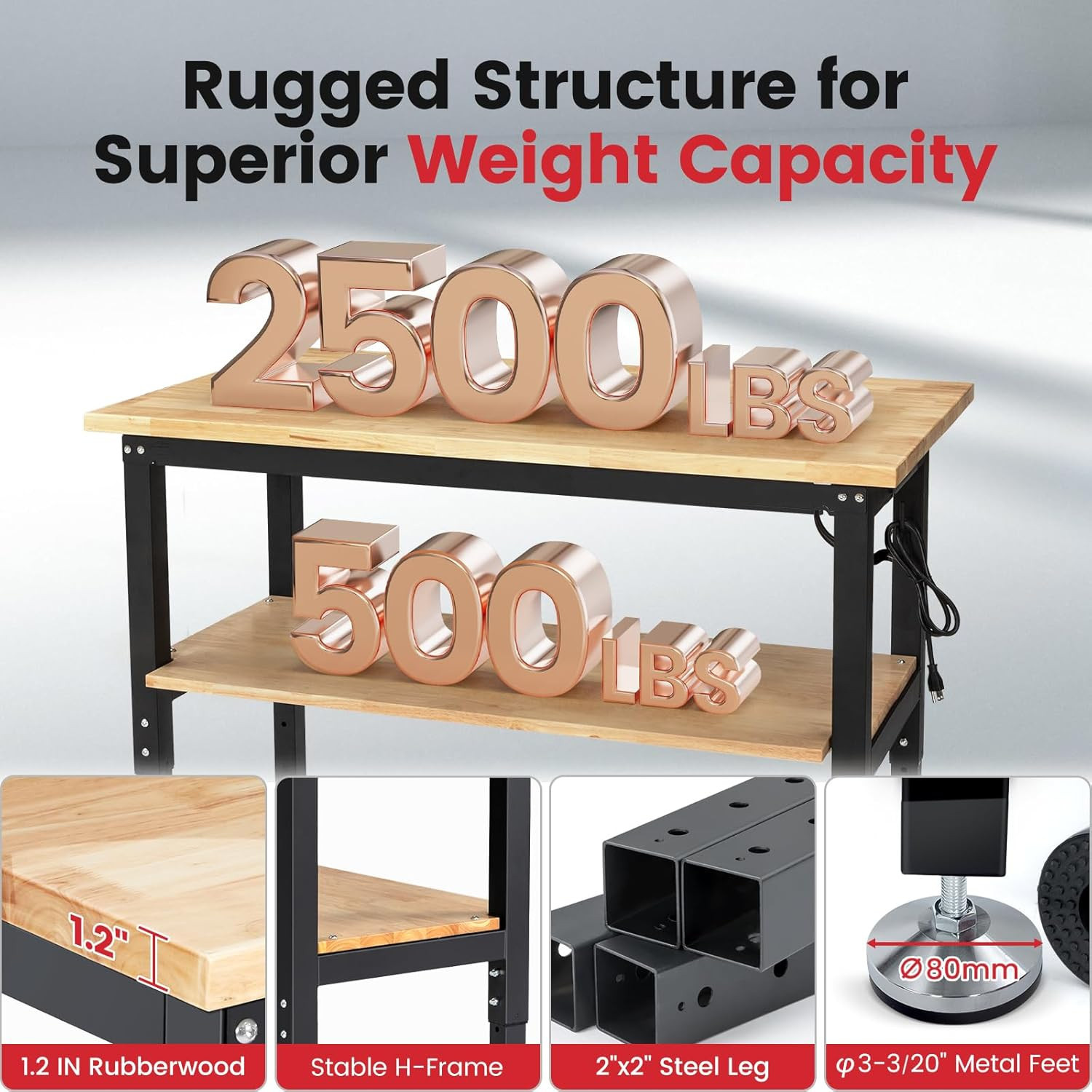 48 Inch Work Table for Garage Adjustable Height Rubber Wood Tabletop Workbench w