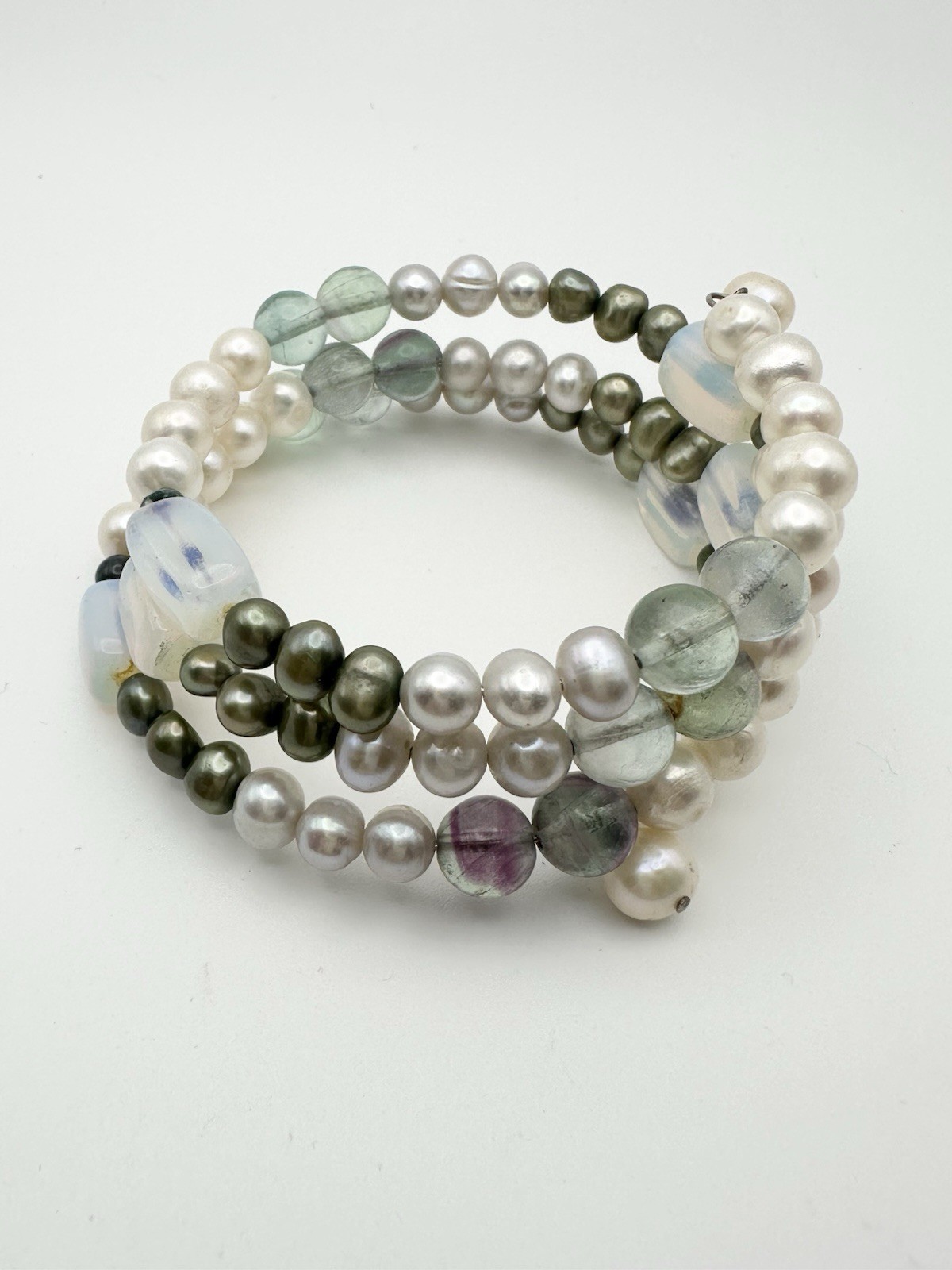 Freshwater Pearl Opalite Fluorite Wire Bracelet
