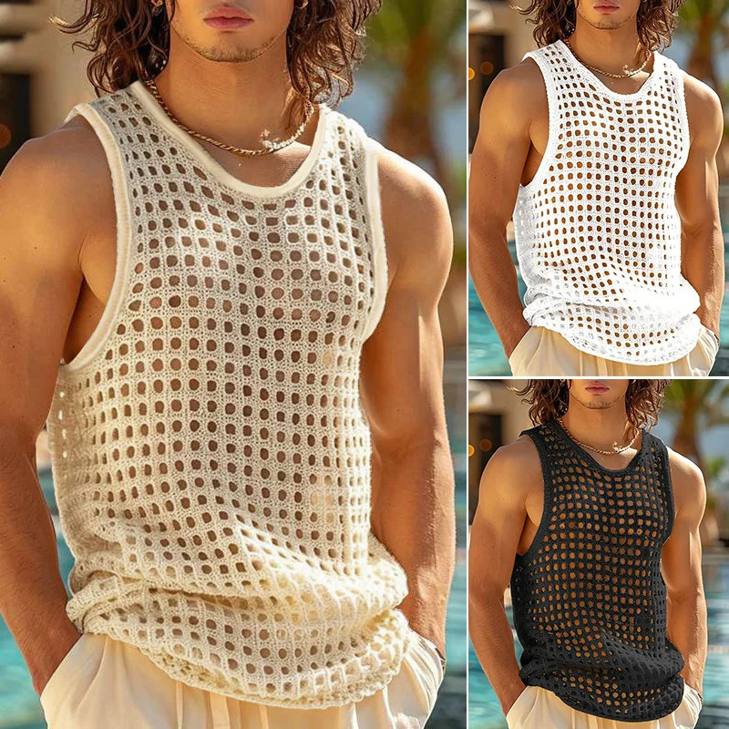 Summer Beach Top Knitted Hollow out Round Neck Men's Sleeveless T-Shirt Sports F