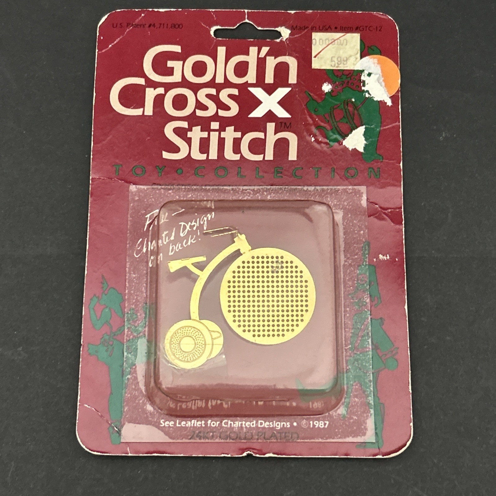 Vtg 1987 Gold'n Cross Stitch Ornament Tricycle 24K Gold Plated USA Made New READ