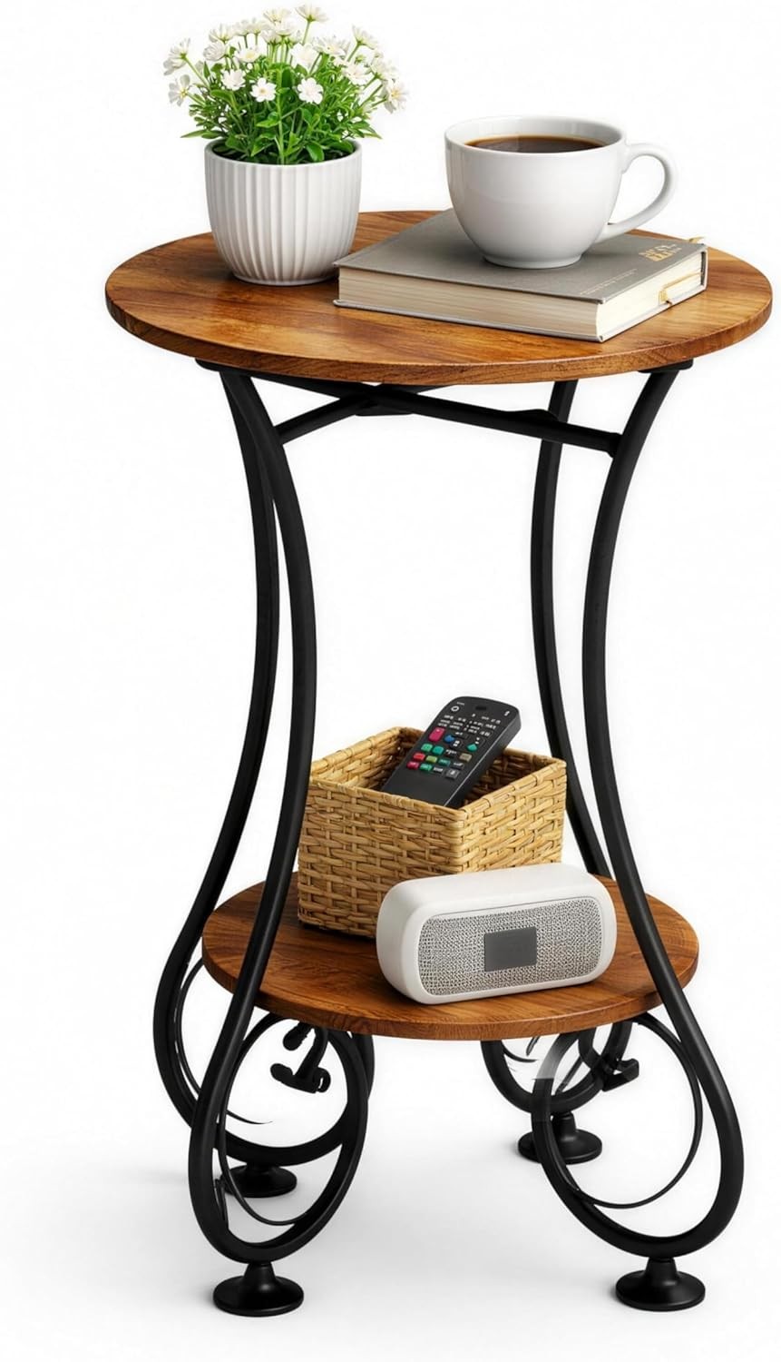 X-cosra Small Round Side Table with Lower Shelf for Small Spaces,