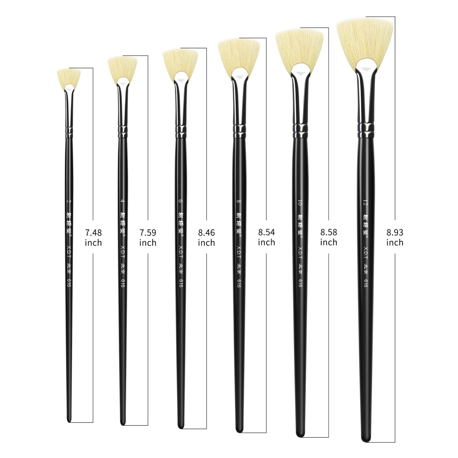 XDT#616-2 Fan Art Brush Set 6Pc #2#4#6#8#10#12 Hog Acrylic Oil Watercolor