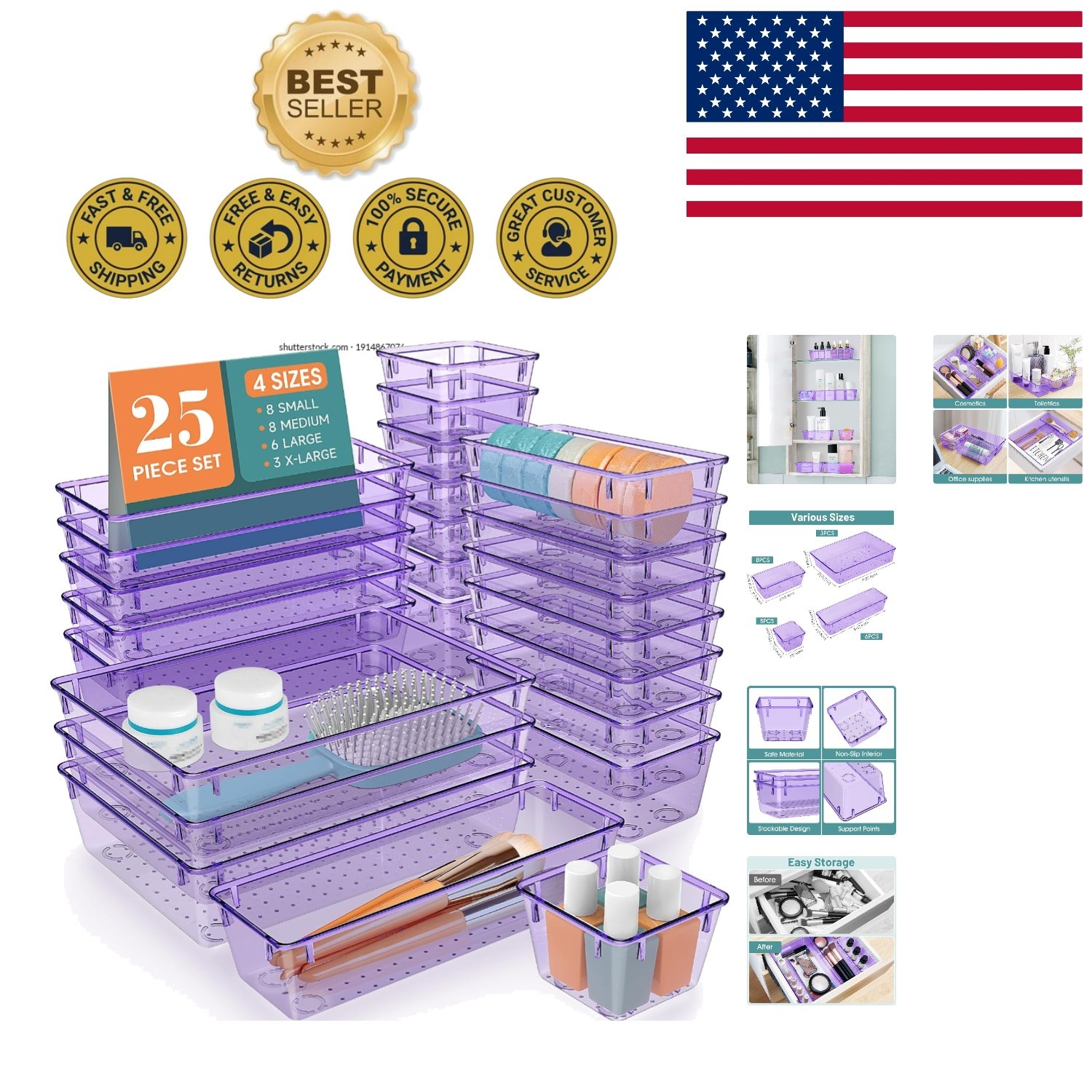 25-Piece Clear Purple Drawer Organizer Set - Stackable & Versatile Storage Bins
