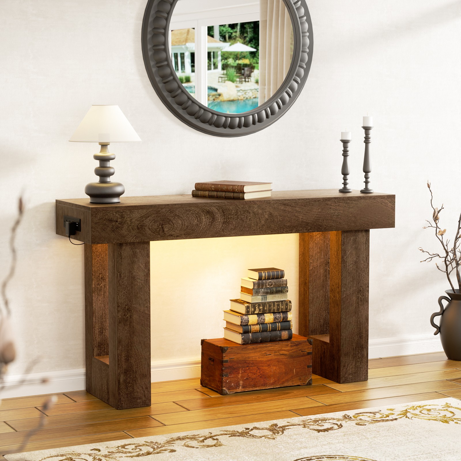 47" Entryway Table with Power Outlets and Sensor Light, Farmhouse Console Table