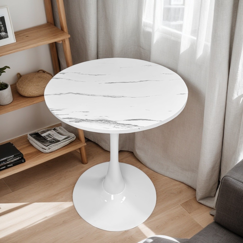 Marble Texture Round Dining Table MDF Top Steel Base Tulip Kitchen Table 24 Inch