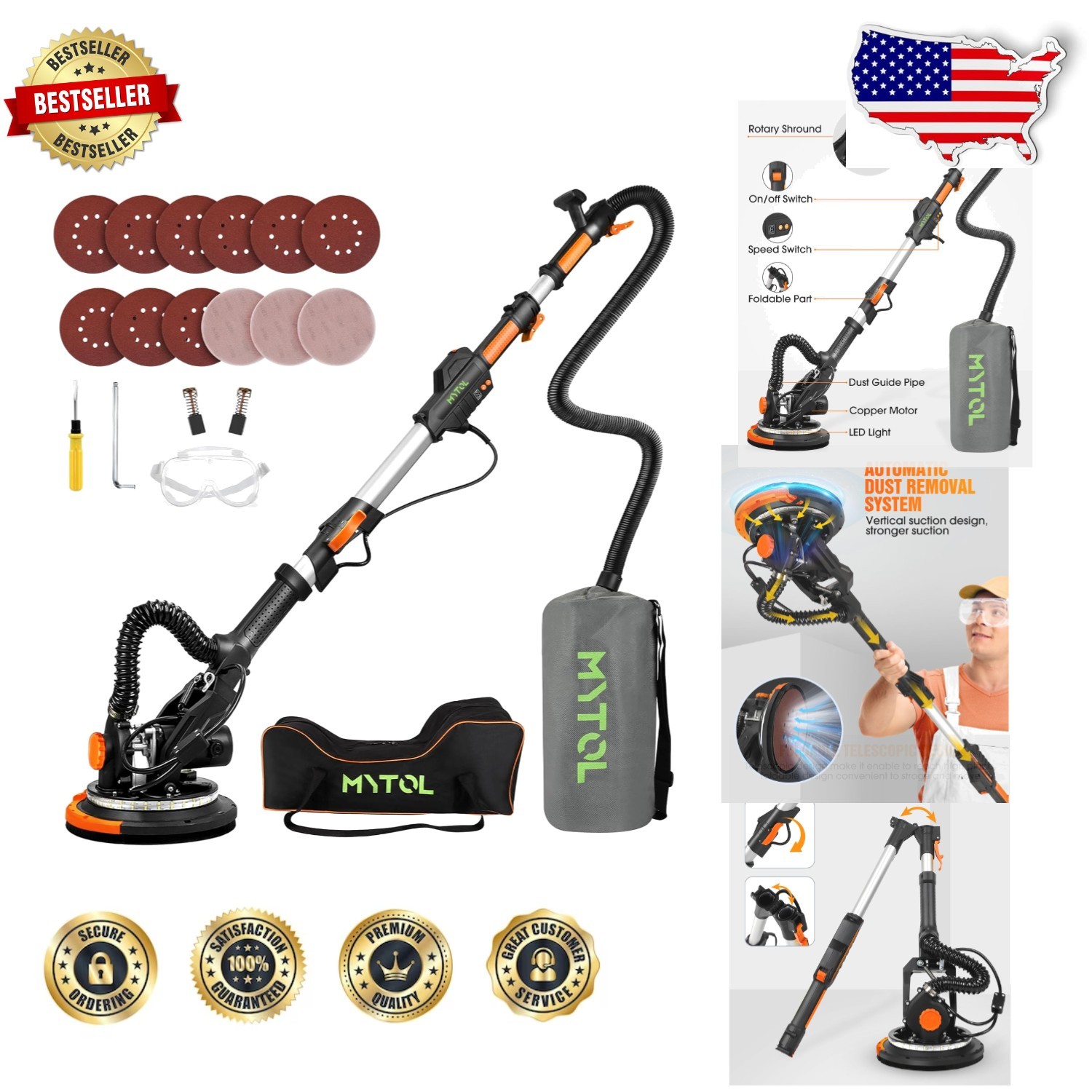 Professional Drywall Sander Vacuum LED Light Variable Speed 7.2A Corded