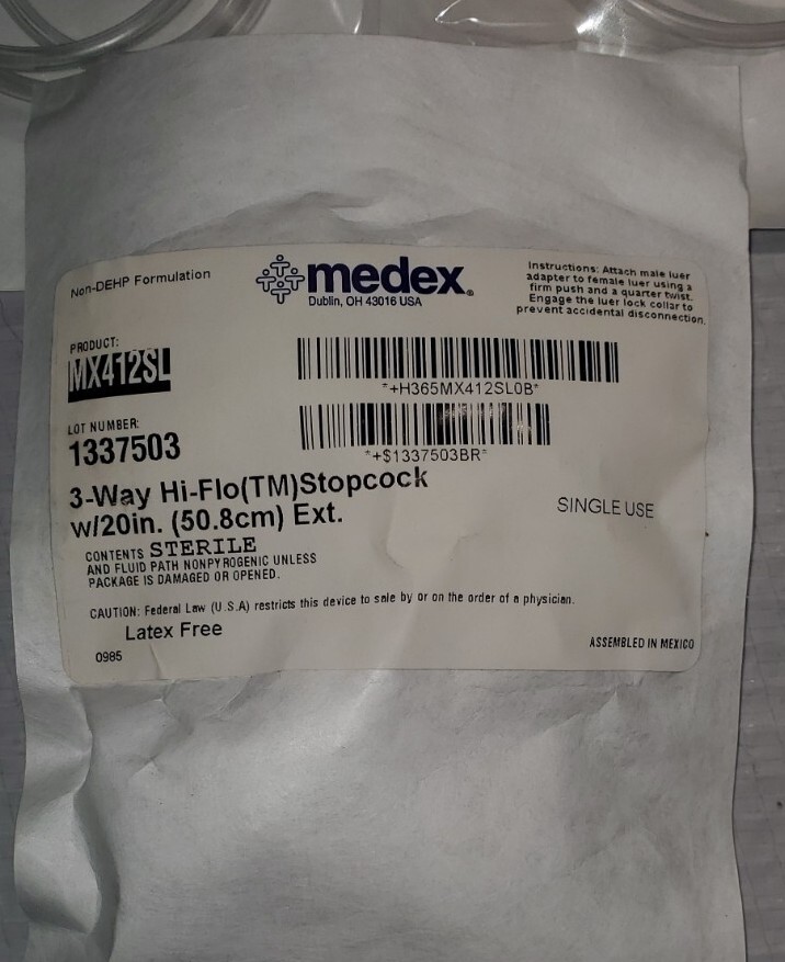 MEDEX 3-Way HI-FLO Stopcock W/20in. Tube P/N MX412SL Pack Of 3 (For Training)