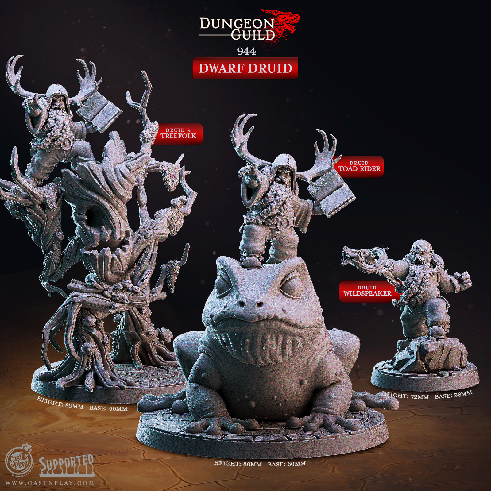 3D Printed Cast n Play Dwarf Druid Dungeon Guild Set 28mm 32mm D&D