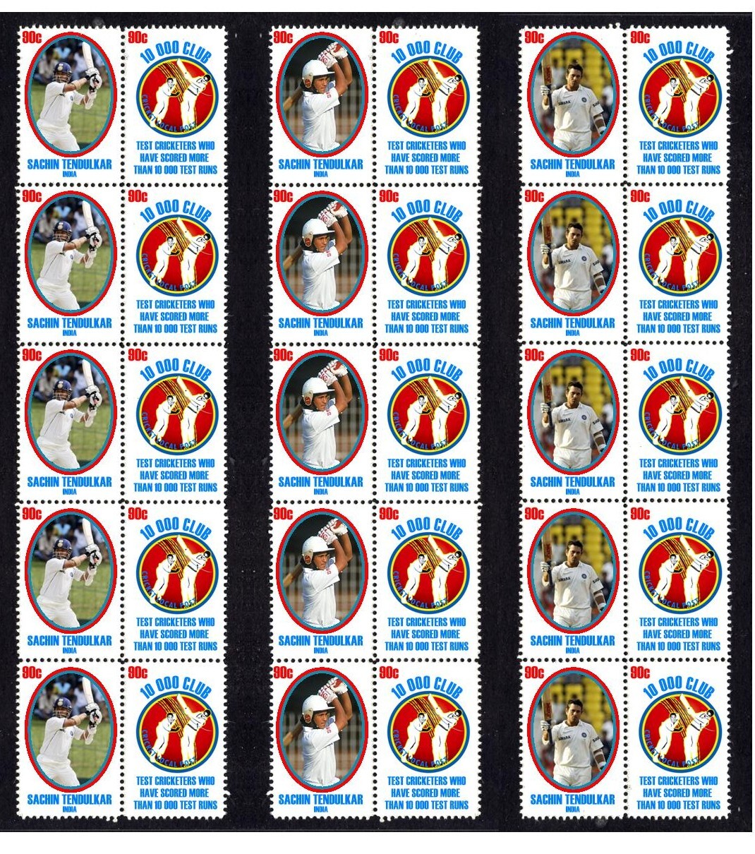 Sachin Tendulkar 10000 Test Run Set Of 3 Cricket Stamps