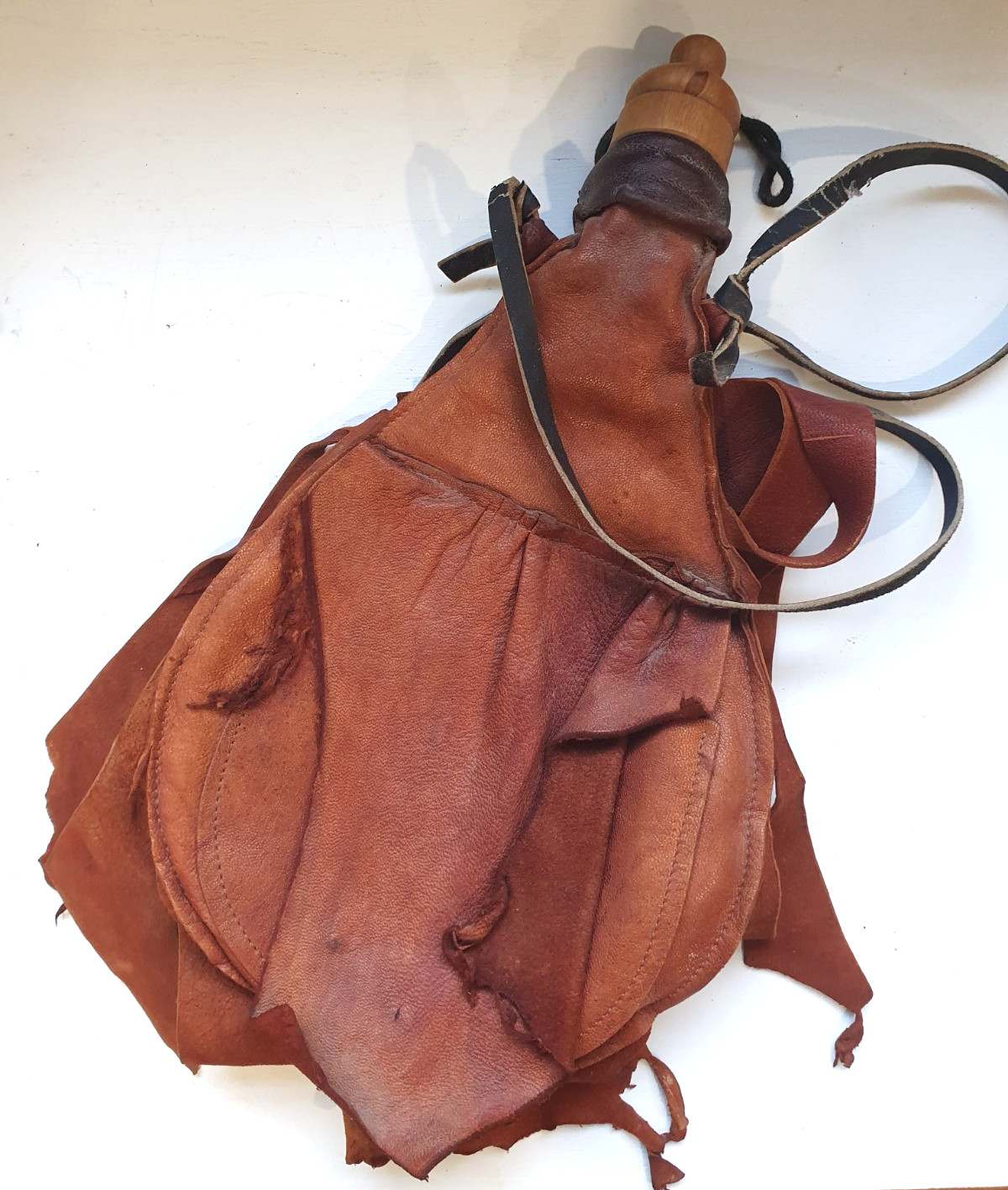 Vintage Handmade Tanned Leather Bota Bag Two Part Wooden Stopper Traditional