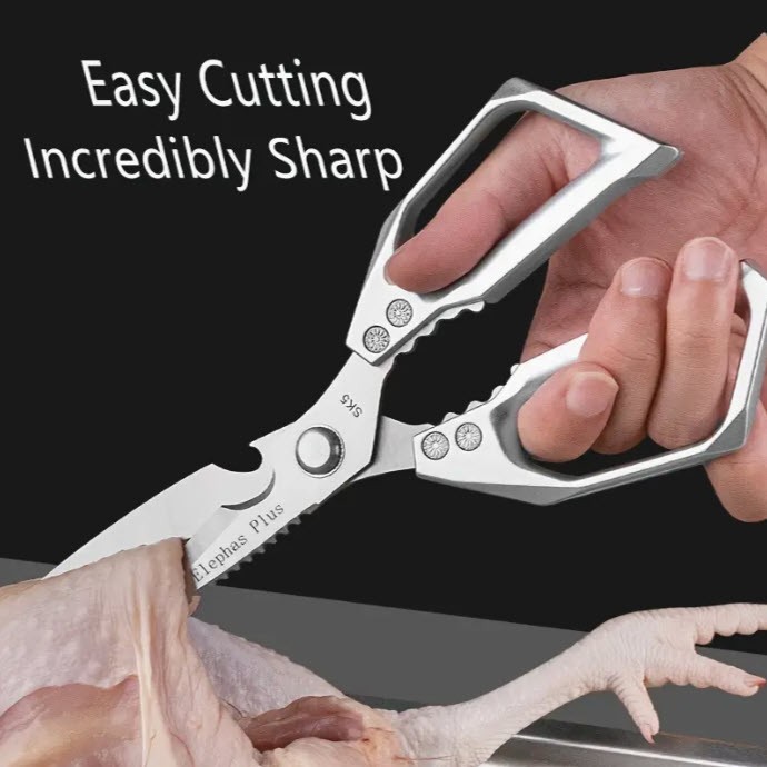 MULTIFUNCITIONAL SILVER HEAVY-DUTY STAINLESS STEEL KITCHEN SCISSORS ELEPHAS PLUS