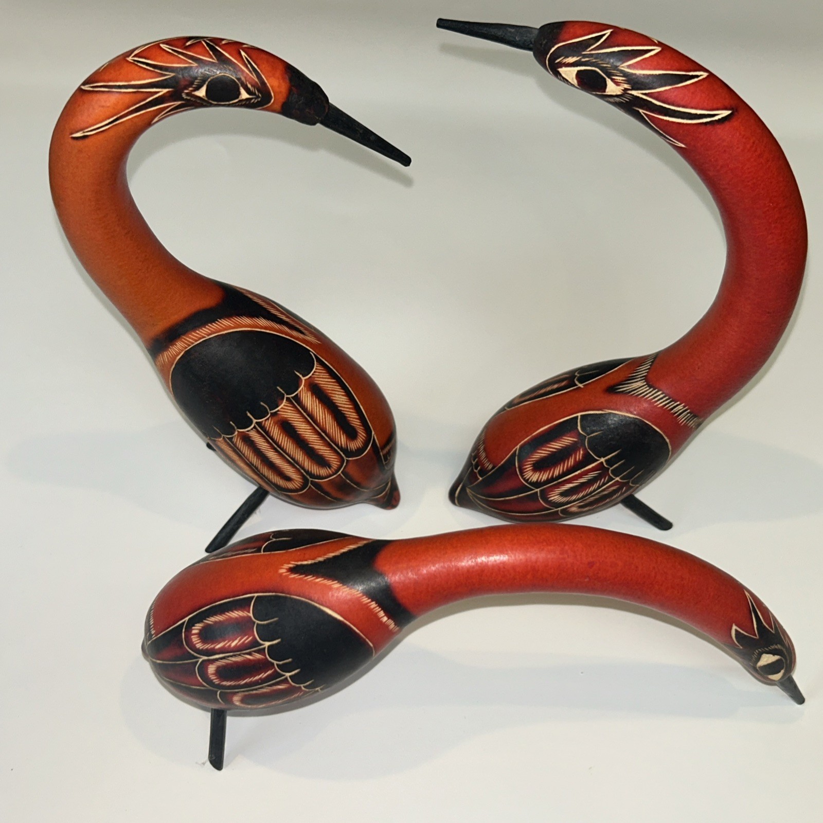 Vintage Peruvian Set of 3 Gourd Hand-Carved BirdsCurved Neck Folk Art Figurines