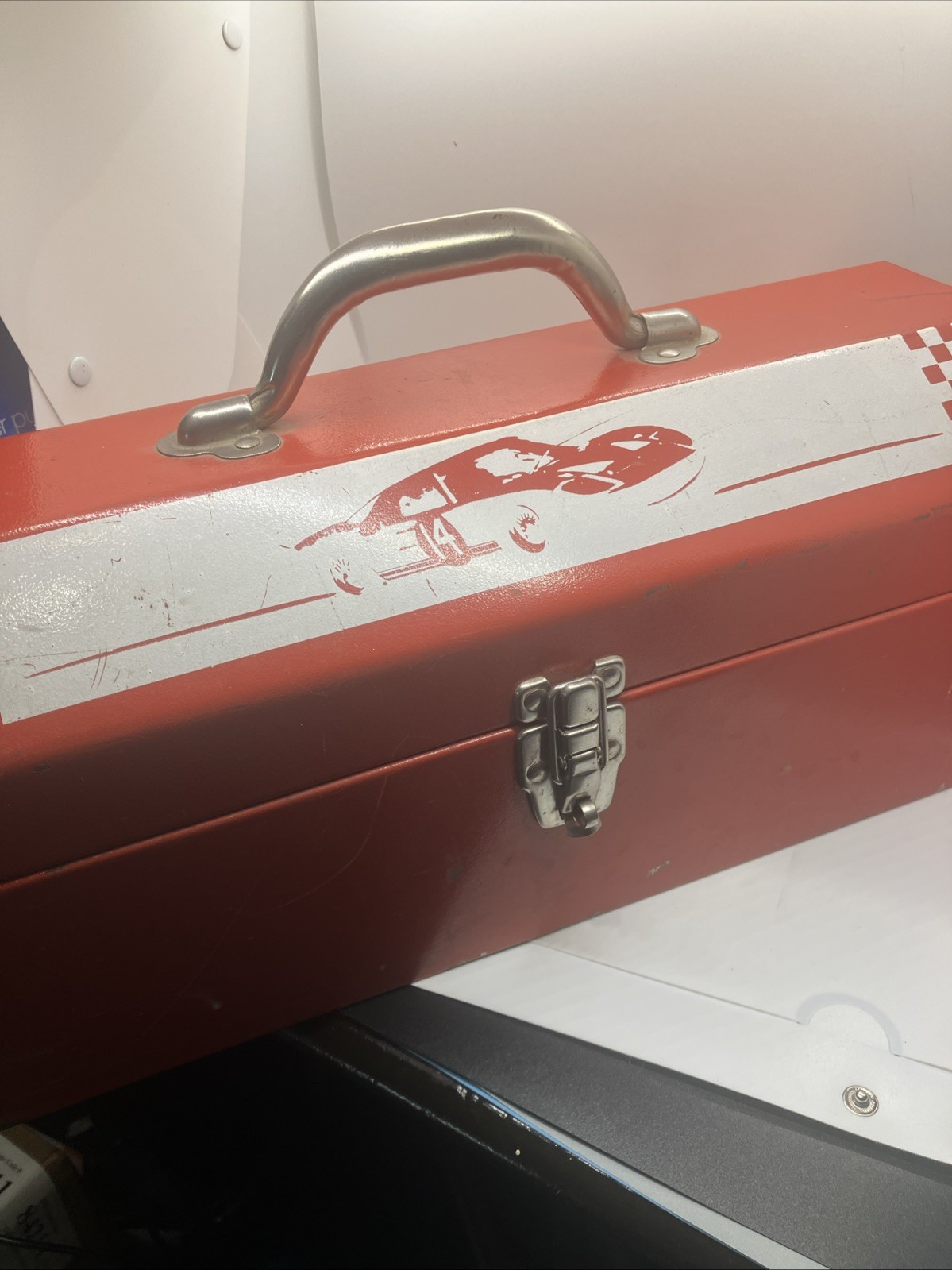 VTG Red Race Car #14 Ford GT 40 16” Small Toolbox W/Patina WEAR/PITTING/PAINT