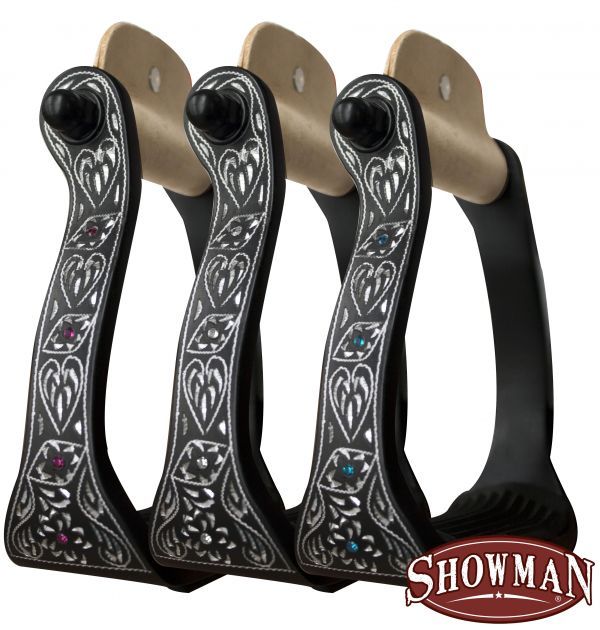 Beautiful Showman Engraved Aluminum Stirrups w/ Crystal Rhinestones FREE SHIP!