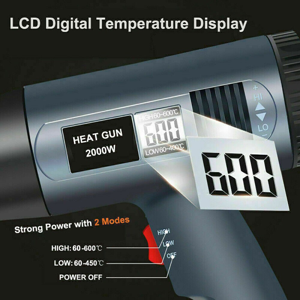 2500W Heat Gun Electric Hot Air Gun w/ Dual-Temperature LCD Show 4 Nozzles Tool