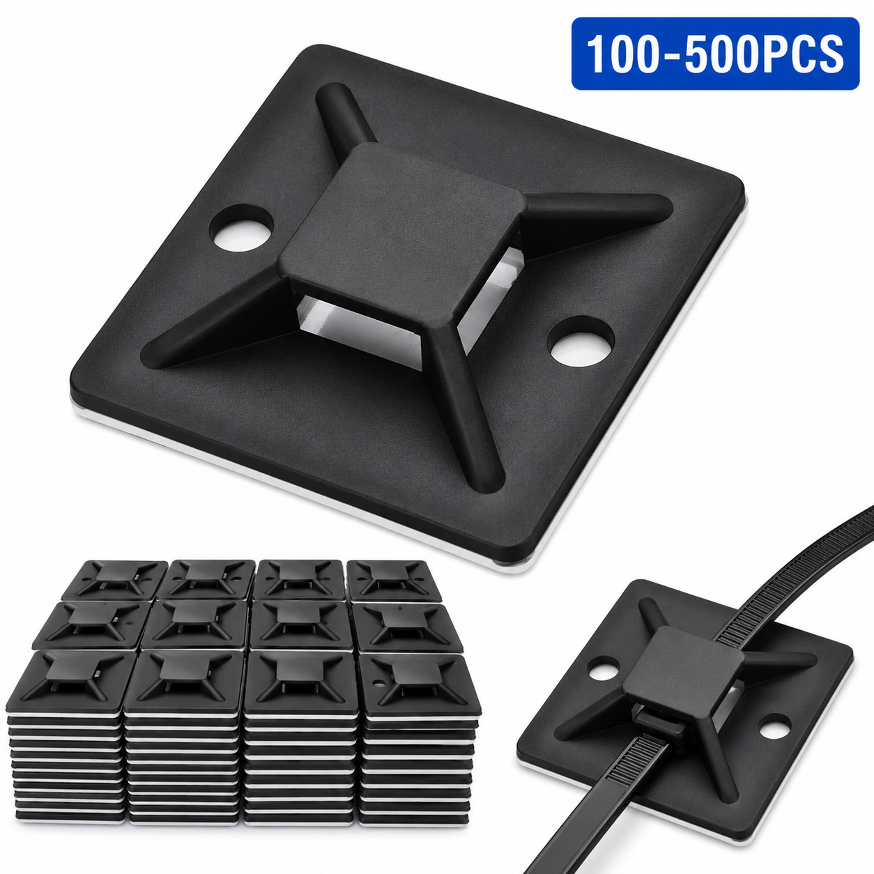 30x30mm Self Adhesive Cable Tie Mounts Wire Holders Zip Tie Bases Black