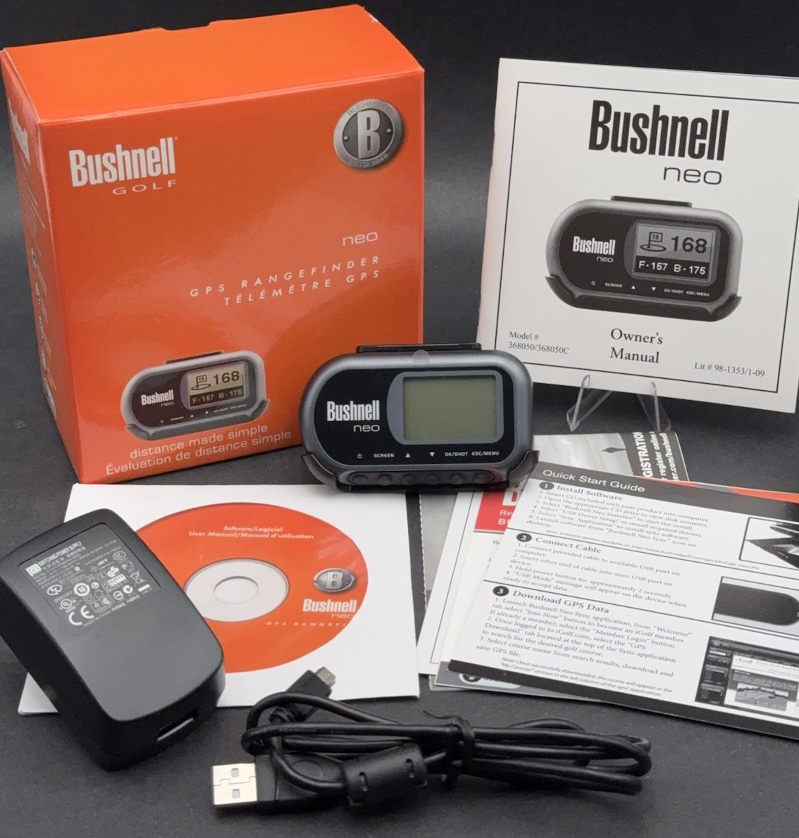 Bushnell Neo Golf GPS Rangefinder, Wall Charger USB Cable Software CD Belt Clip