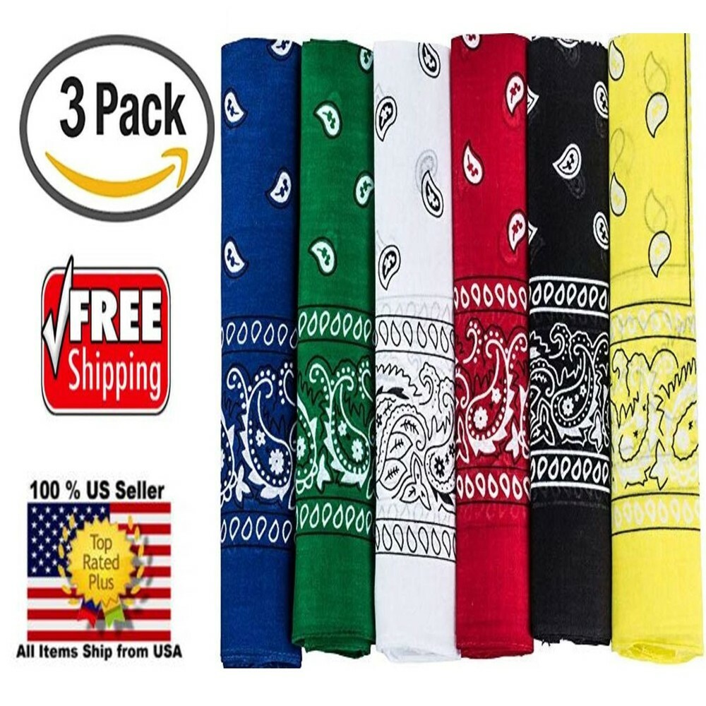 3 Pack Jumbo Paisley & Solid Color 100% Cotton Biker Sport Bandana 27" x 27"