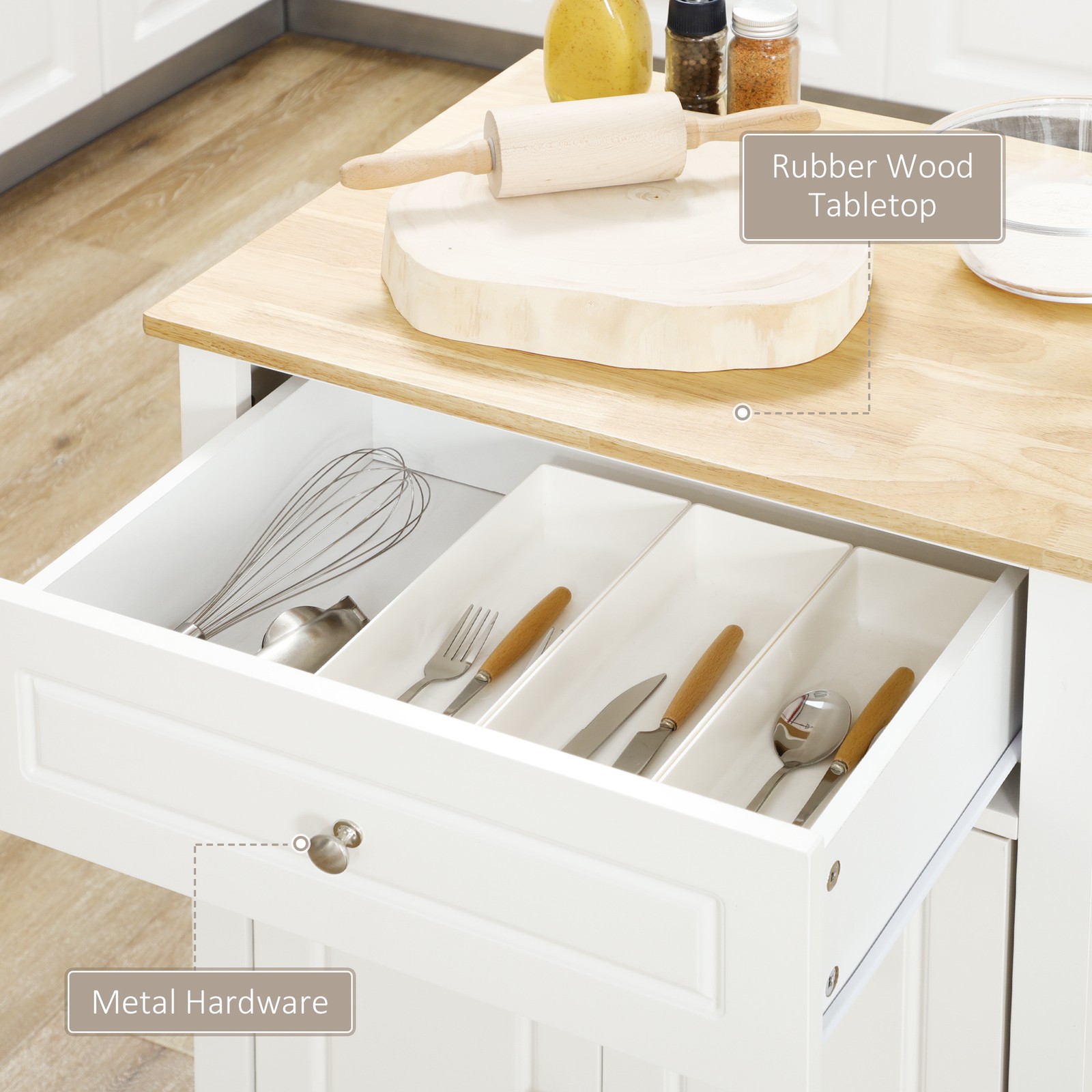 Modern Rolling Kitchen Island Storage Cart w/ Drawer & Adjustable Shelf, White
