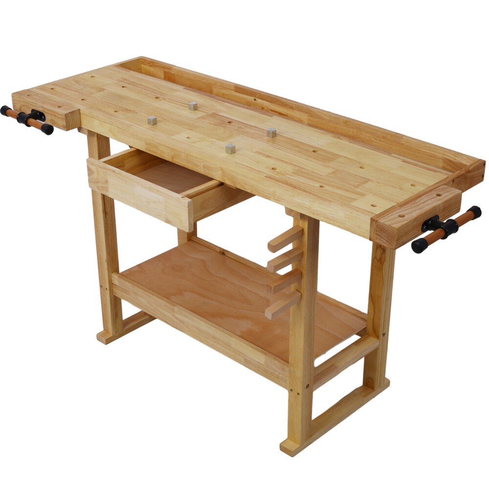 55Inch Wood Workbench Natural Garage Workshop Workbench with Bar Clamps Set