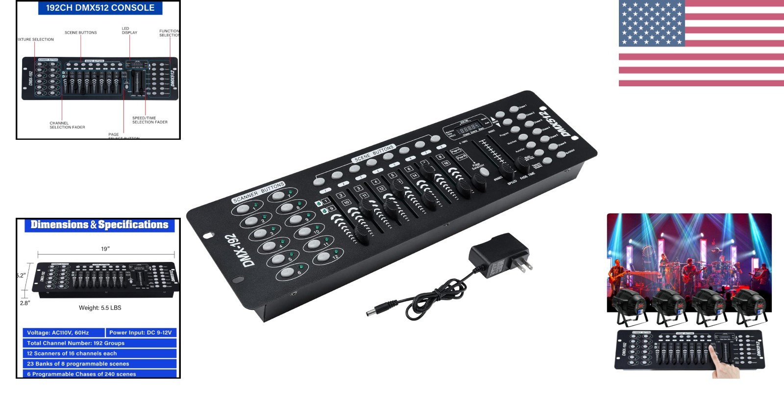 DMX 512 Controller, 192 Channel DMX Light Controller Stage Lighting Console f...
