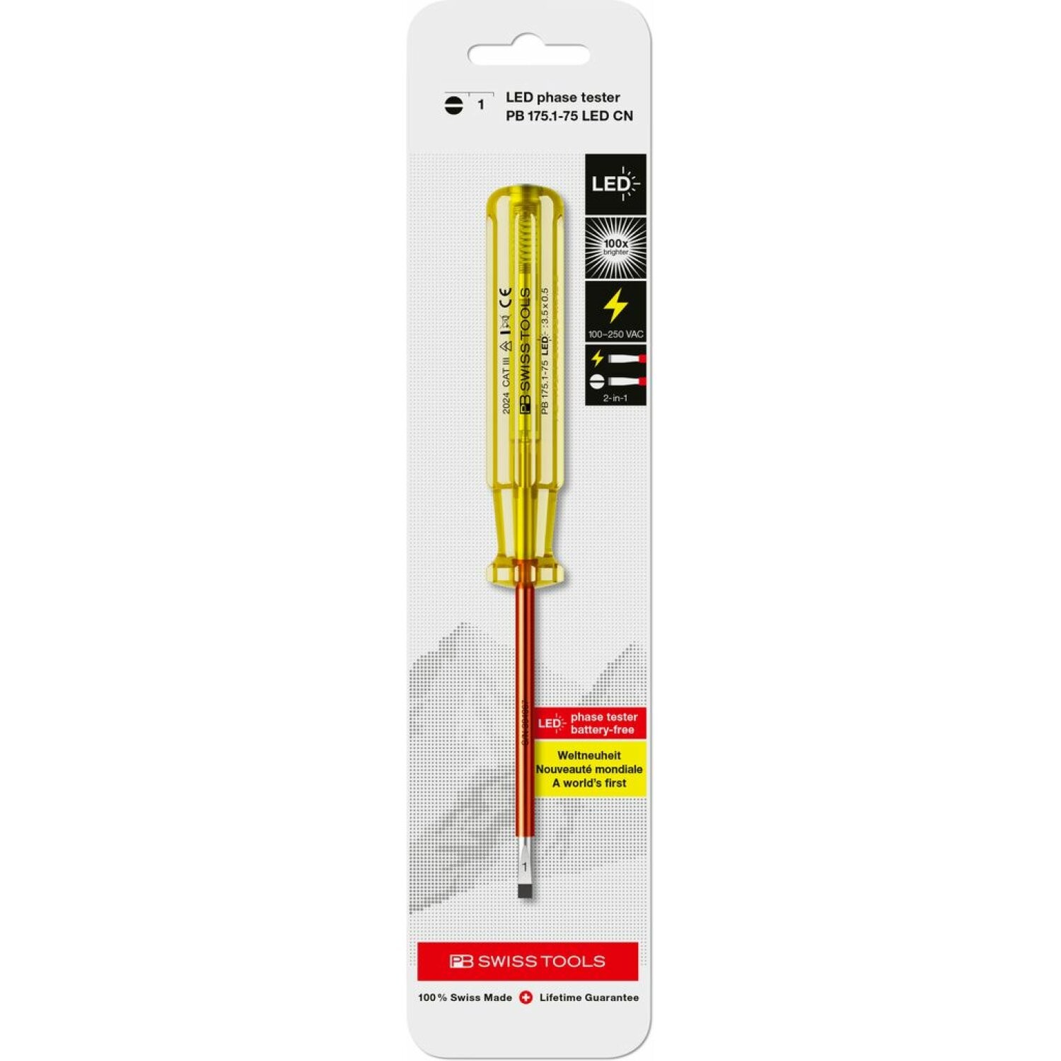 PB Swiss PB 175.1-75 LED CN 100-250 VAC Test & Slotted Screwdriver, 3.5 x 0.5 mm