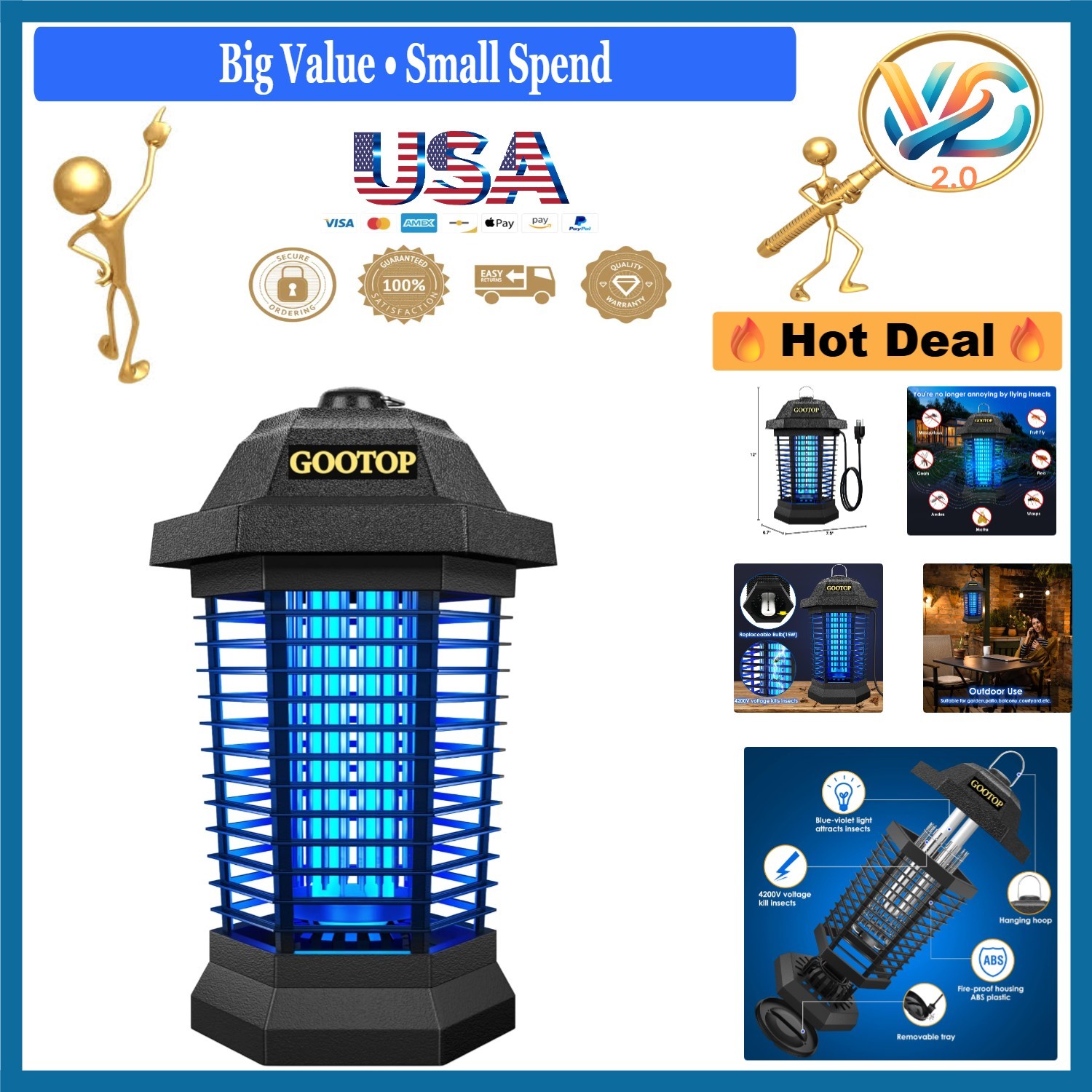 Bug Zapper Outdoor Indoor 4200V Mosquito Fly Gnat Wasp Insect Killer Black