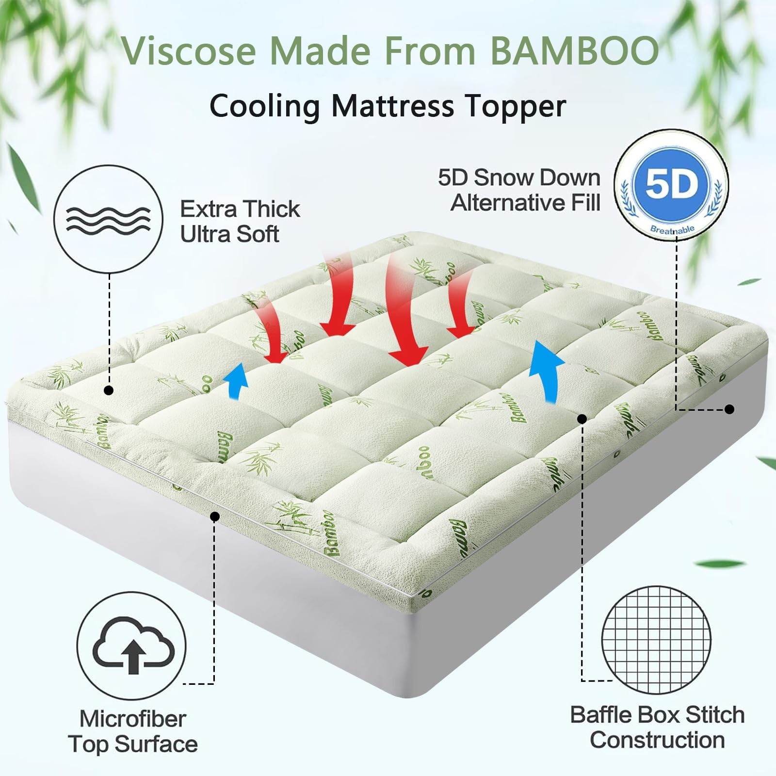 PATSBA Premium Viscose Made from Bamboo King Size Mattress Topper King, White