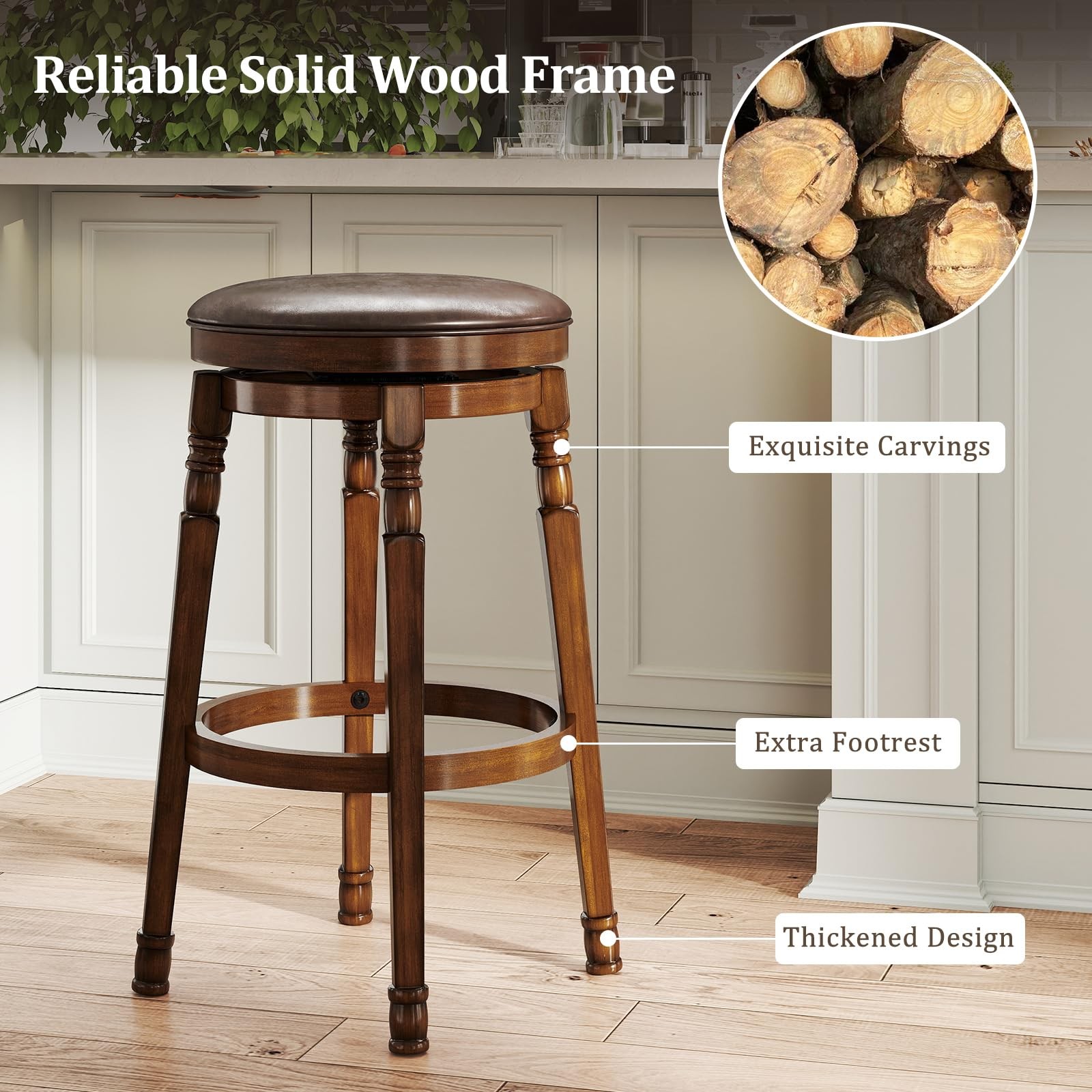 Swivel Bar Stools Set of 2, 29" Bar Height Bar Stools w/Faux Leather Padded S...