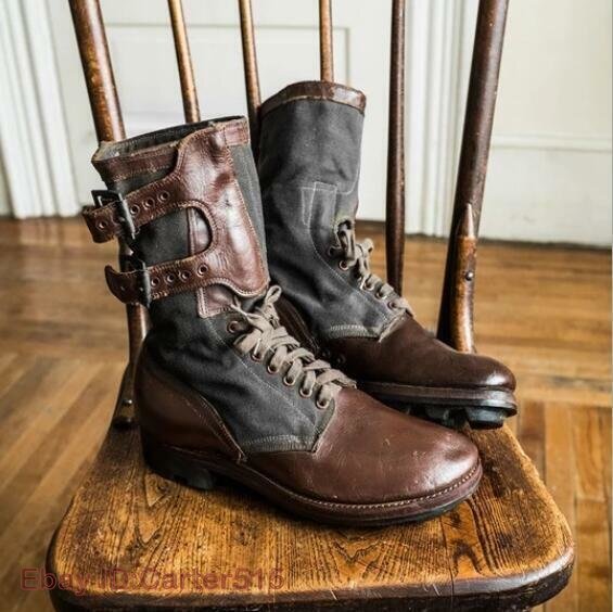 Mens Fashion Two Tone Monk Strap Lace Up Retro Style Combat Boots Shoes Daf