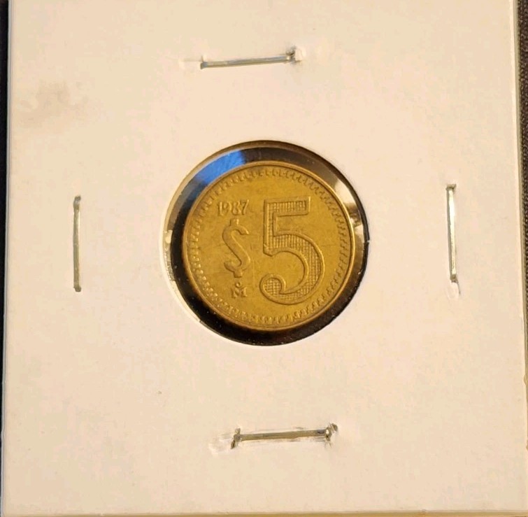 1987 Mexico 5 Pesos $5 – Brass – Circulated Extra Fine (XF)