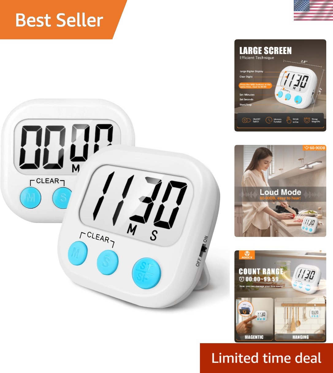 Large Display Digital Kitchen Timers - 2 Pack with Memory Function & Loud Alarm