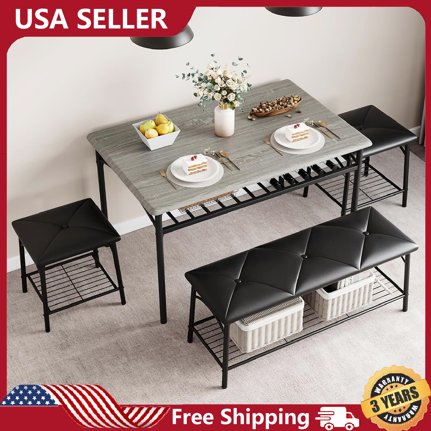 New Dining Table Set for 4 Kitchen Table with Bench and Stools w/Storage Shelves