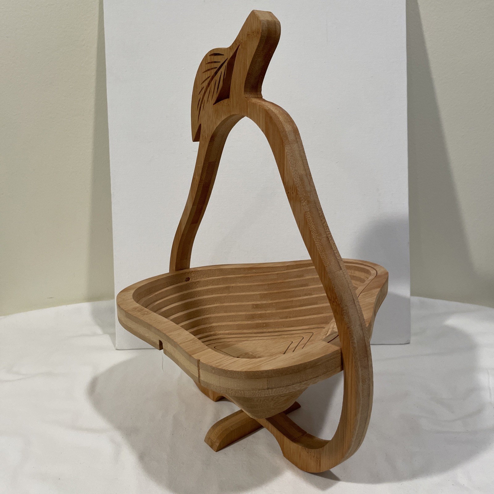 Vintage Bamboo Wood Pear Shape Collapsible Standing Basket Wood Trivet