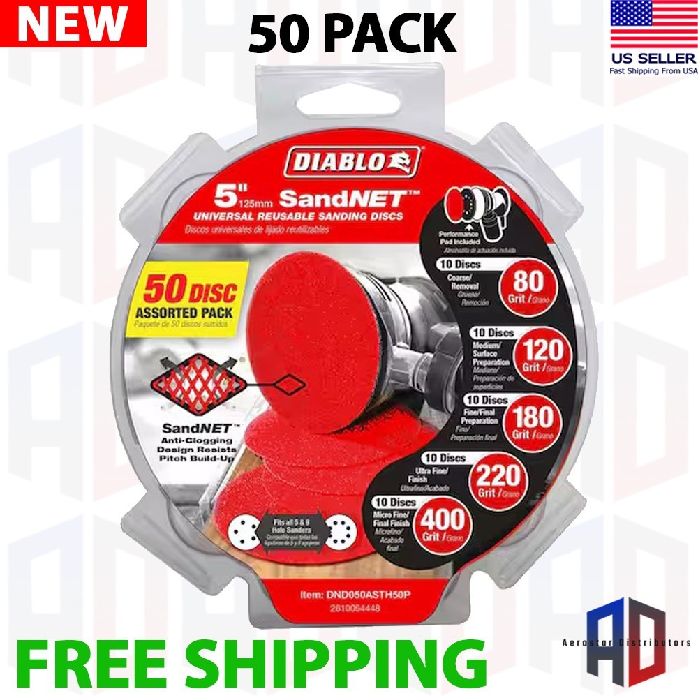 BRAND NEW DIABLO 5” SandNET Reusable Sanding Discs- 50 Disc Assorted Pack