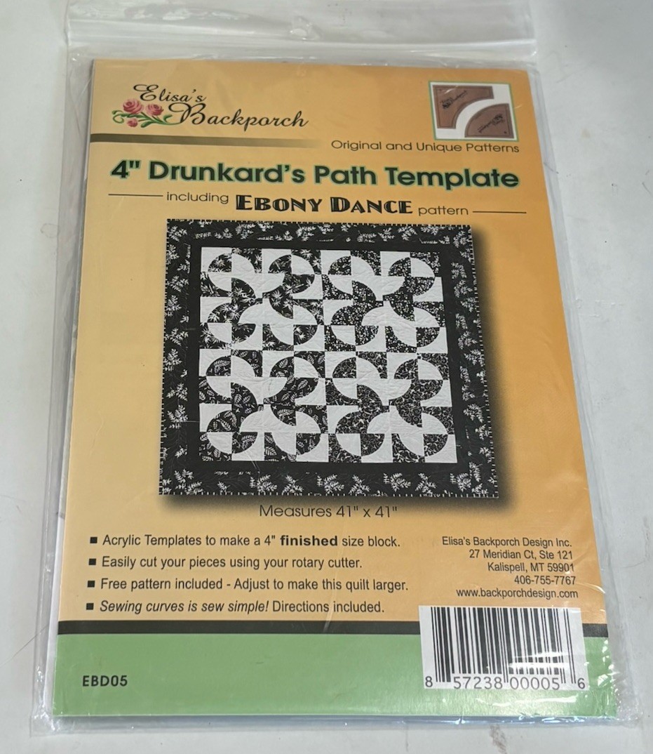Elisa’s Backporch Design 4” Drunkard's Path Quilt Template  EBD05 NEW