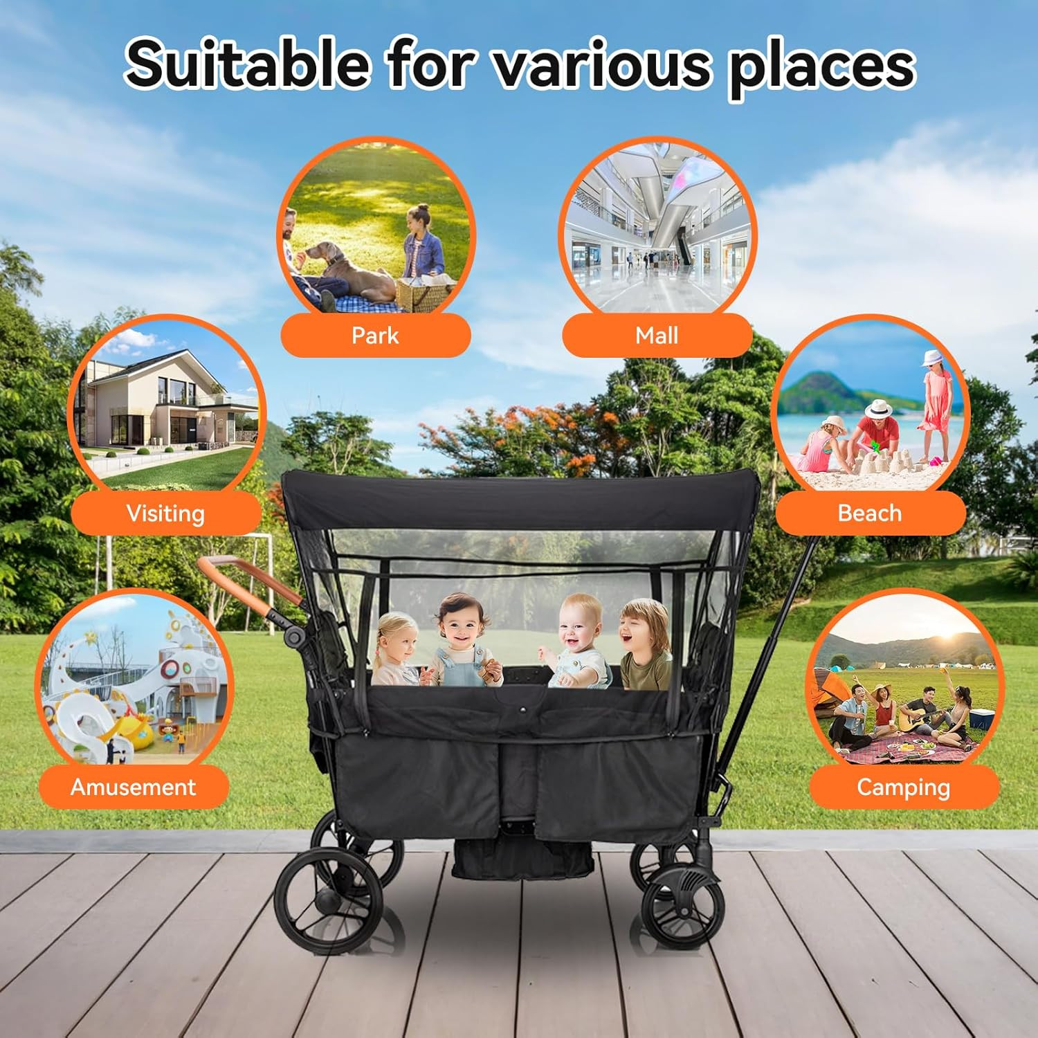 Stroller Wagon for 4 Kids Seated-Tandem Fold Stroller Push-Pull Lightweight Trav