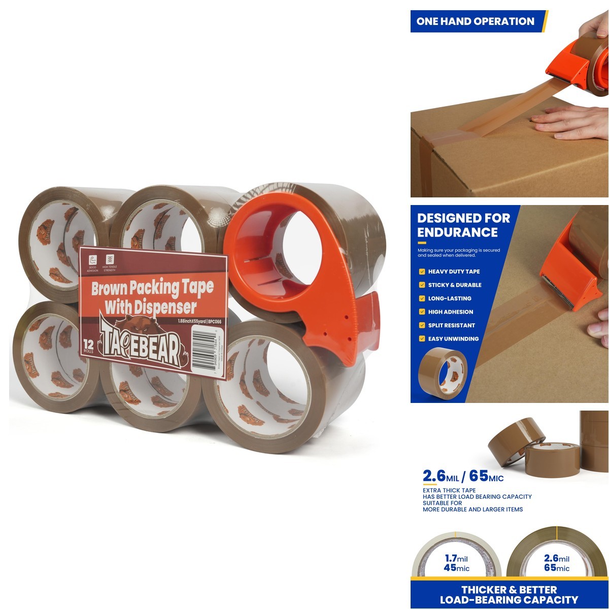TAPEBEAR Brown Packing Tape Dispenser, 2.6mil Thick, 1.88" x 55Yard Secure