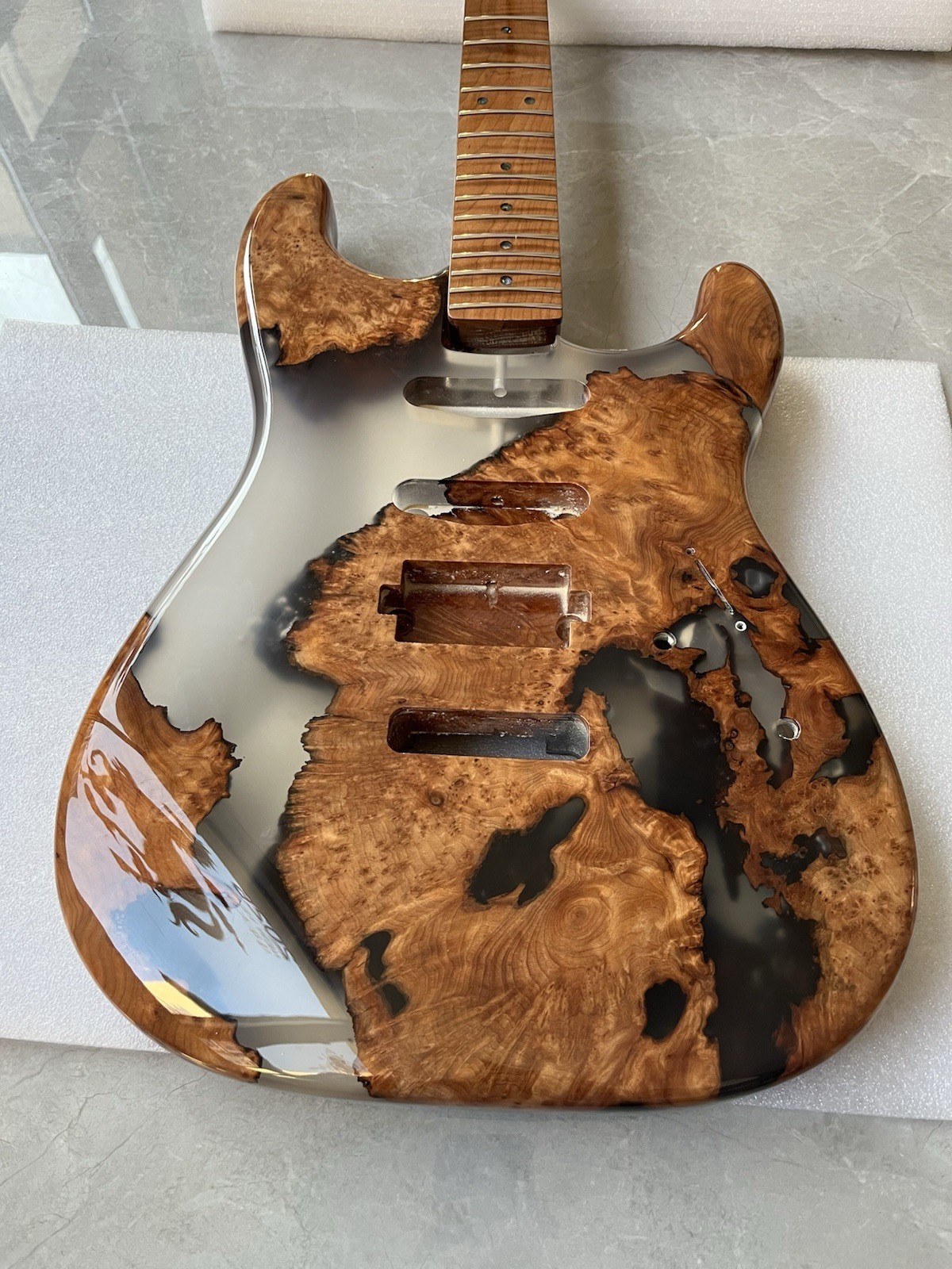 Electric Guitar Neck & Body, Burl Wood & Resin, Unfinished DIY Project