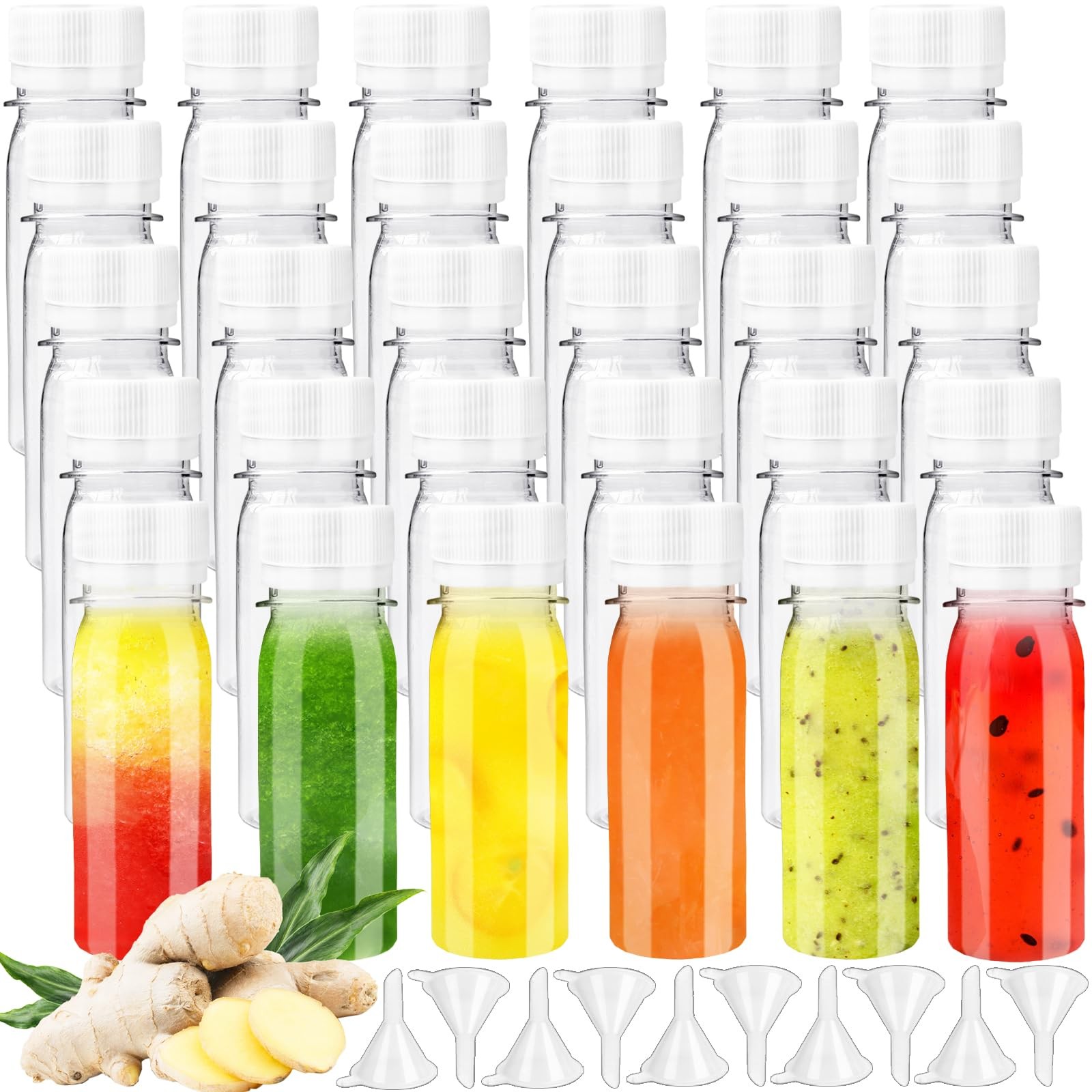 30 Pcs 2oz Small Plastic Shot Bottles with White Caps,Round Juice Bottles wit...