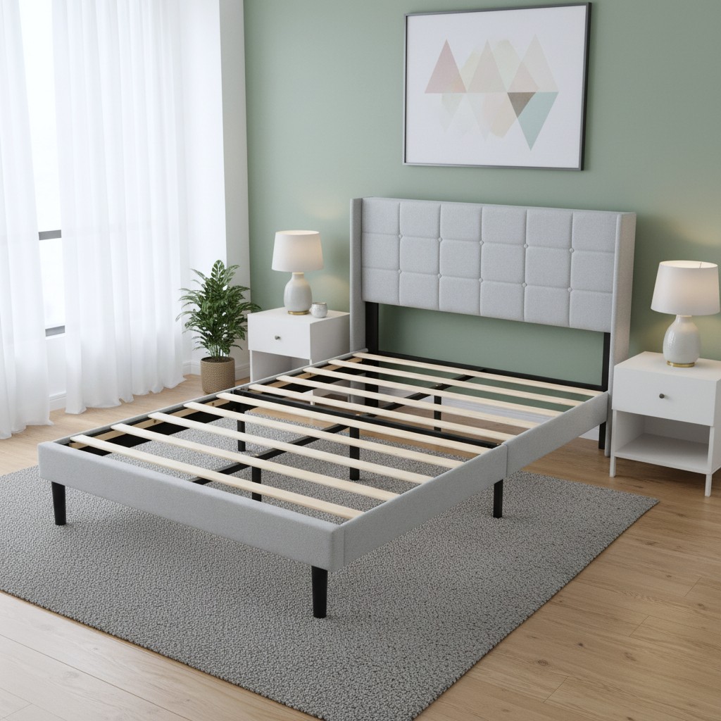 Full Size Platform Bed Frame with Upholstered Headboard, Light Gray
