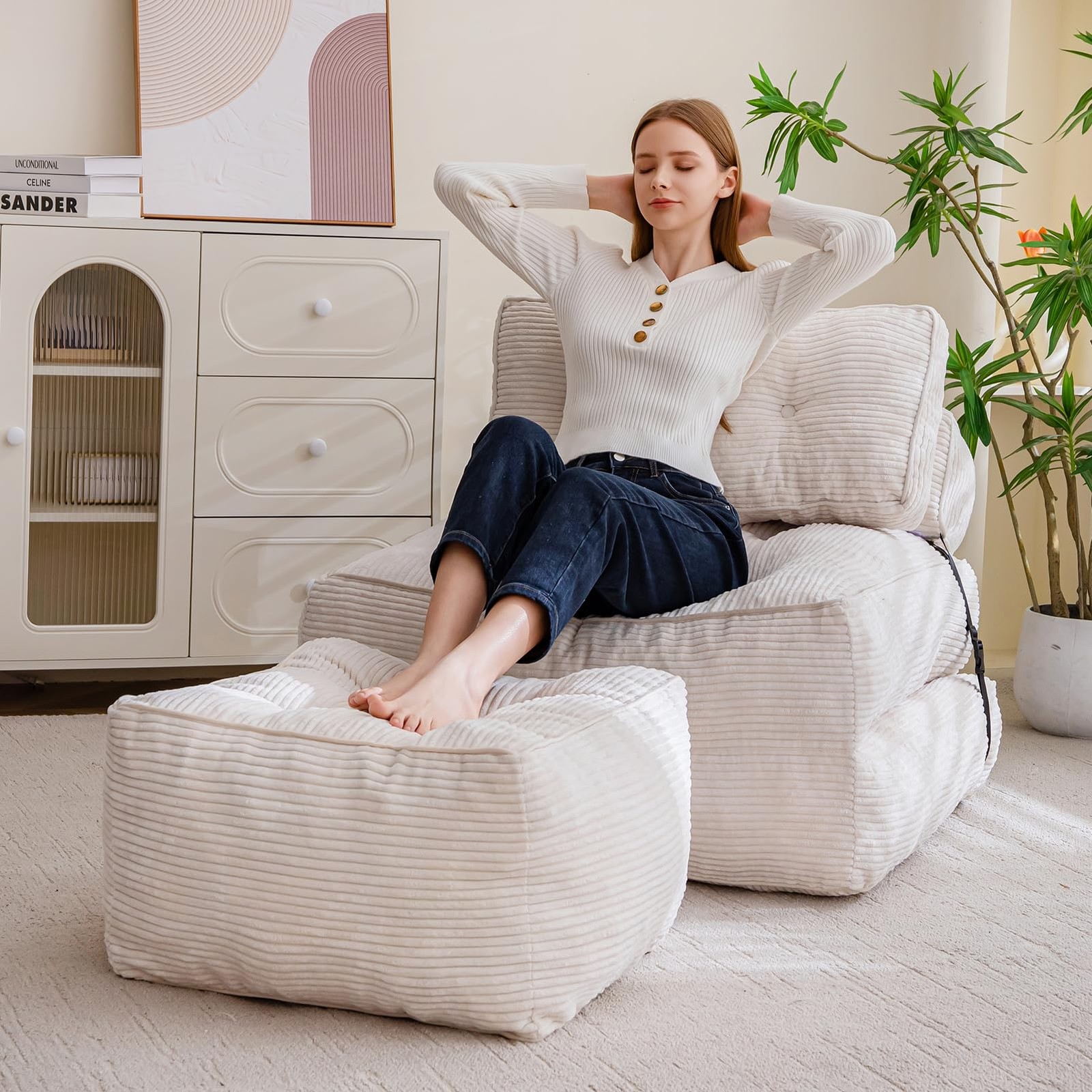 Square Stuffed Pouf Ottoman Corduroy Foam Filling Fluffy Beige 21x21 Inch