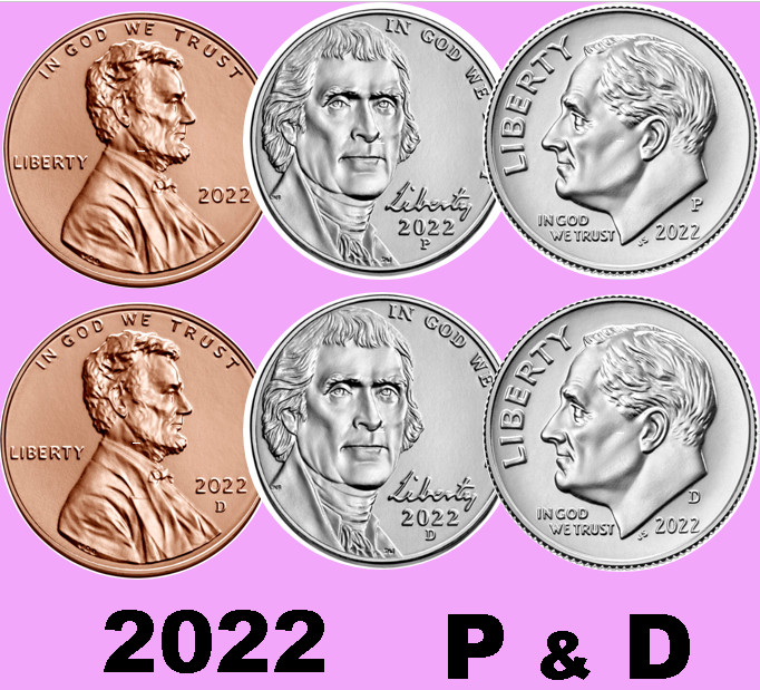 💰  2022 P&D - Penny 1¢  Nickel 5¢ Dime 10¢ -  6 Uncirculated Coins - Full Set