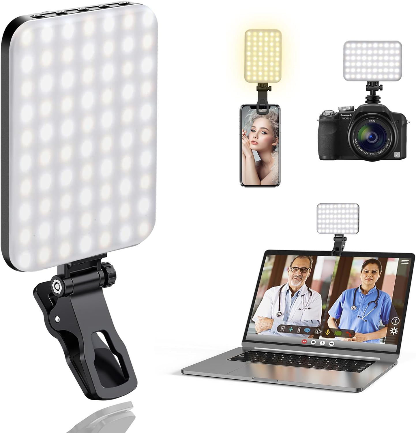 Luz Selfie LED 60 con Clip y Trípode, Recargable, 3 Modos, 2200mAh